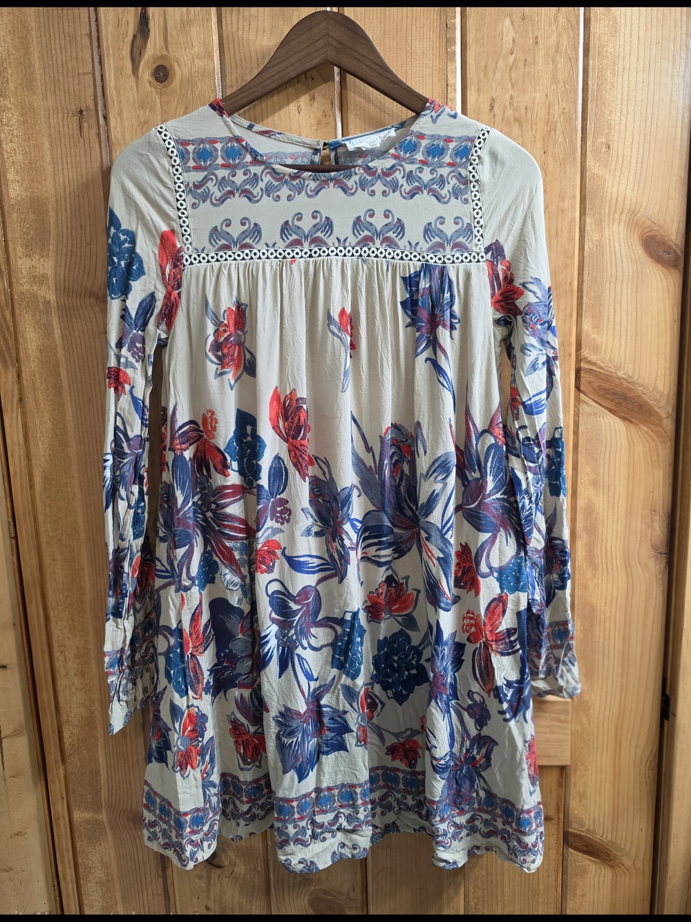 Love Riche Boho Tunic Dress Small Blue Floral Long Sleeves